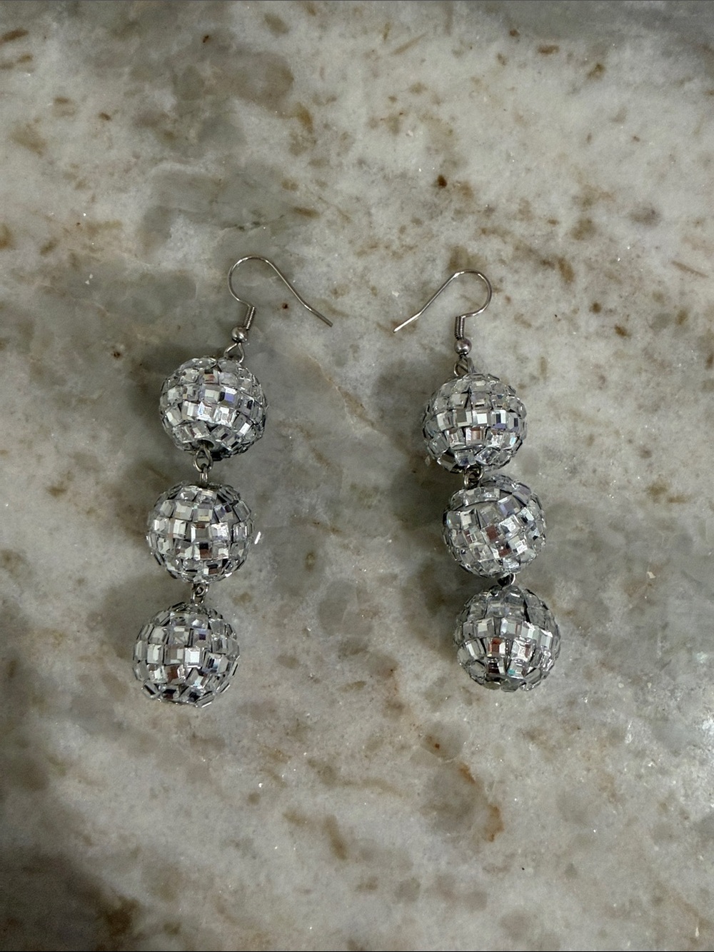 Silver Disco Ball Drop Earrings - Women costume Jewelry